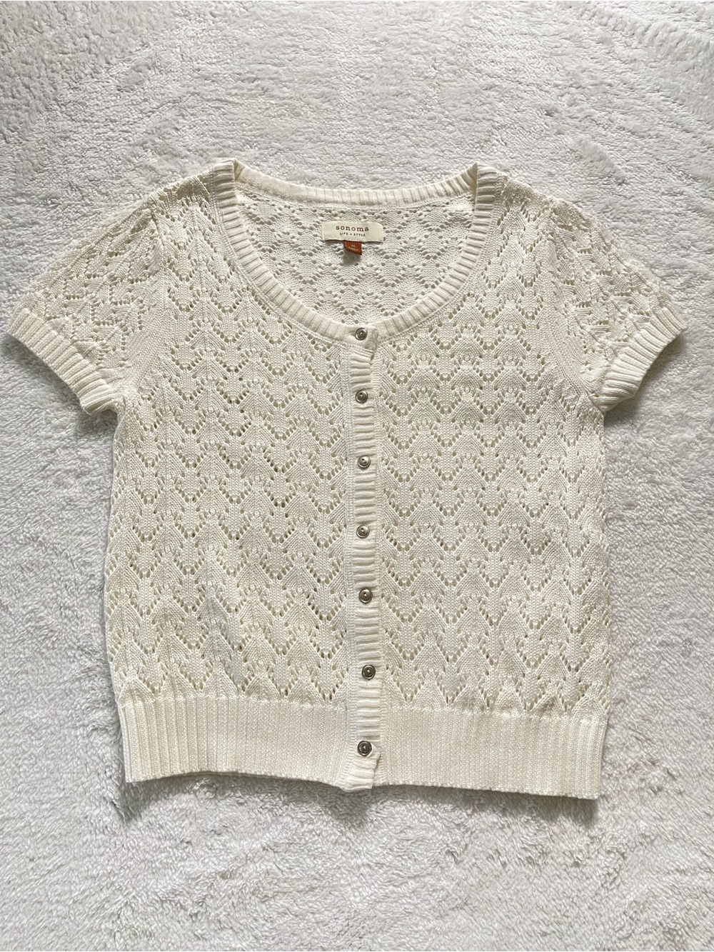 Sonoma Cream Short-Sleeve Open-Knit Button Cardigan